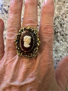 Vintage Style Cameo Statement Ring with Gold Tone Filigree Adjustable Band